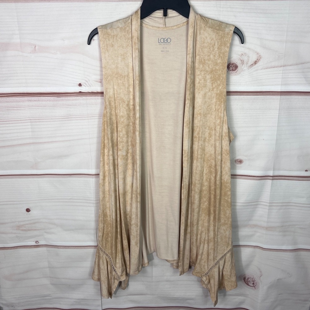 LOGO by Lori Goldstein‎ Vest Womens XL Beige Print Sleeveless Knit Open Front
